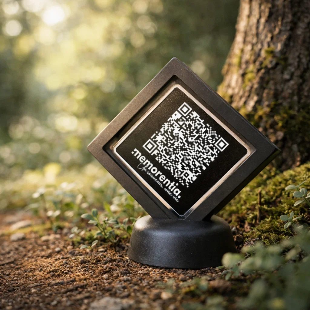 Plaque mémorielle sur socle près d’un arbre